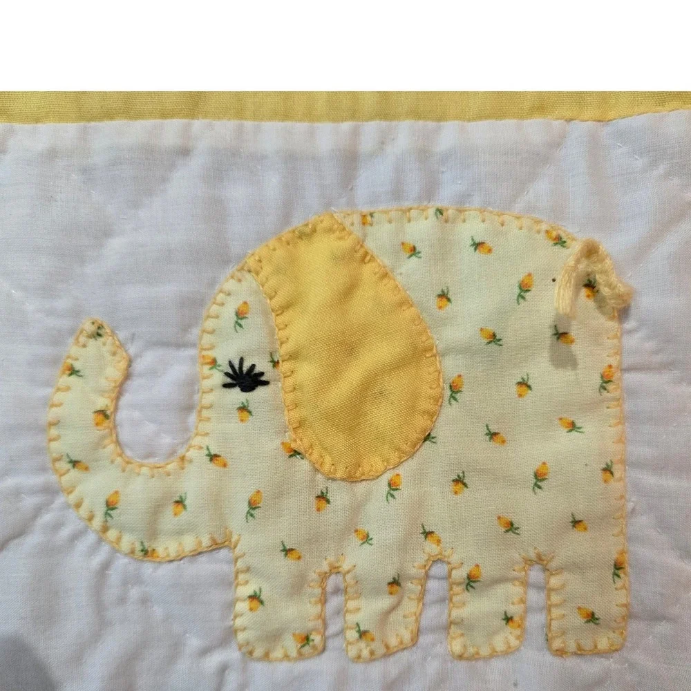 Vintage Yellow White Elephant Baby Quilt Applique Lace 40